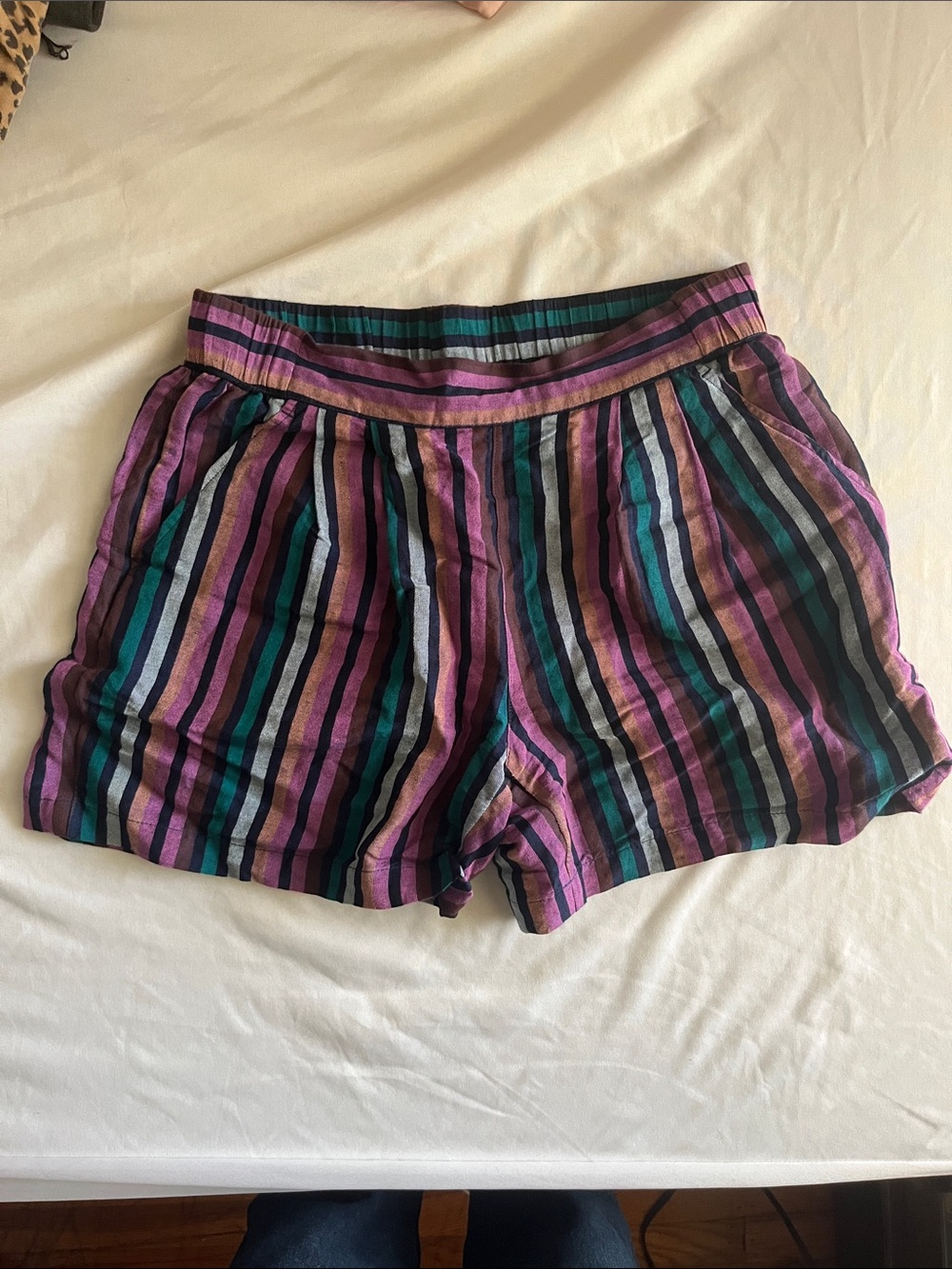 a new day Purple & Teal Striped High Waist Women's Linen Shorts